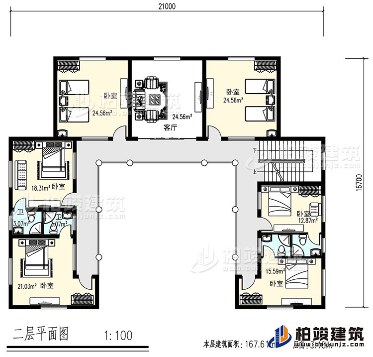 二層：6臥室，4衛生間，客廳