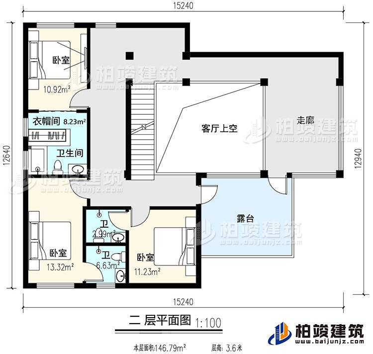 二層：3臥室，內衛，公衛，起居室，樓梯，陽台，露台，書房