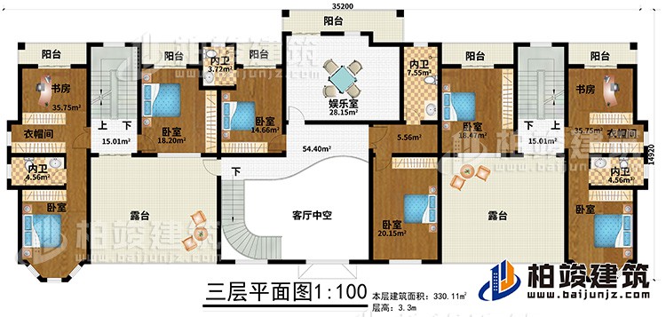 三層：6臥室、2衣帽間、2書房、4內衛、娛樂室、6陽台、2露台、客廳中空