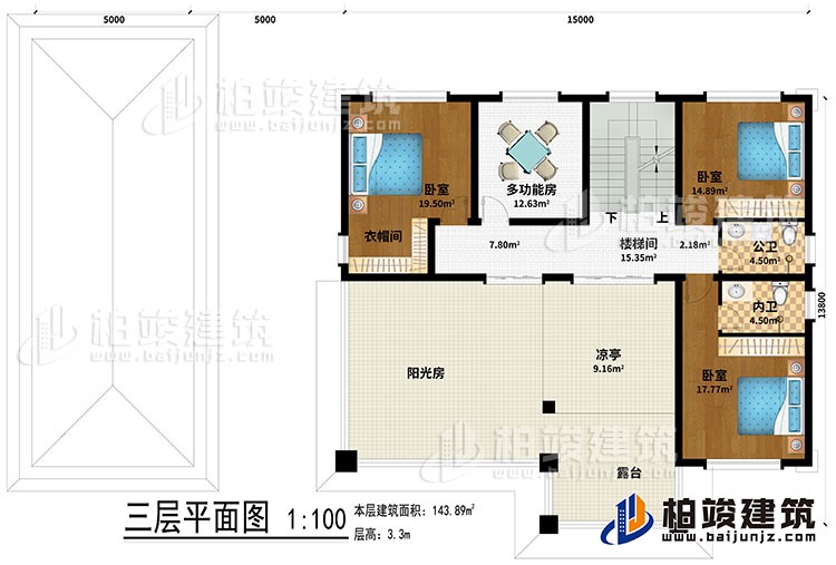 三層：樓梯間、3臥室、多功能房、衣帽間、公衛、內衛、涼亭、陽光房、露台