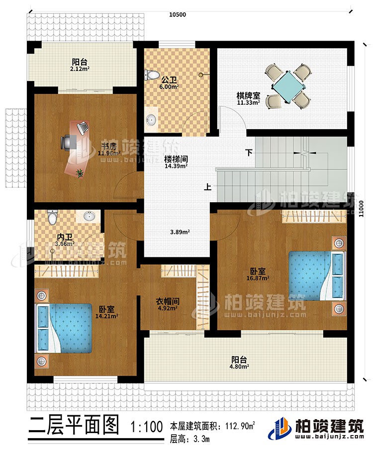 二層：樓梯間、棋牌室、書房、2臥室、衣帽間、2陽台、公衛、內衛