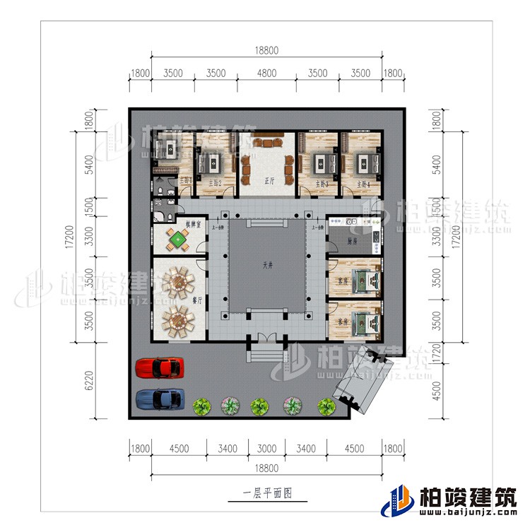 一層：車庫、餐廳、棋牌室、廚房、正廳、6臥室、公衛、內衛