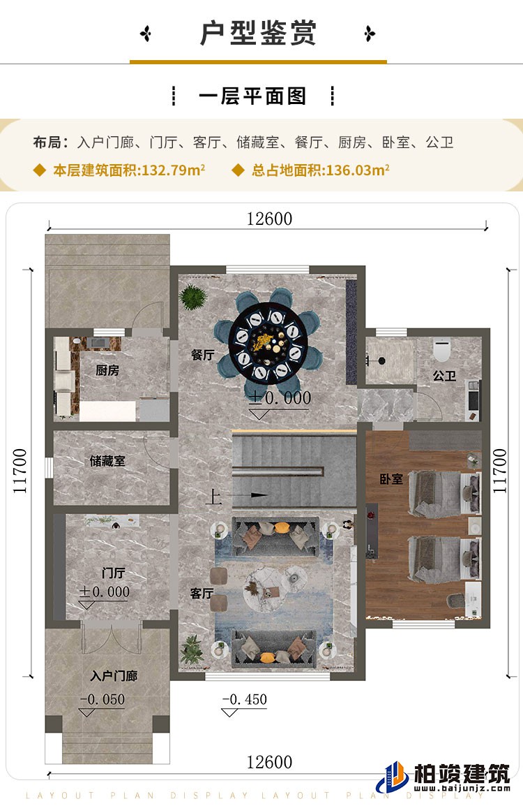 一層“入戶門廊、門廳、客廳、儲藏室、餐廳、廚房、臥室、公衛