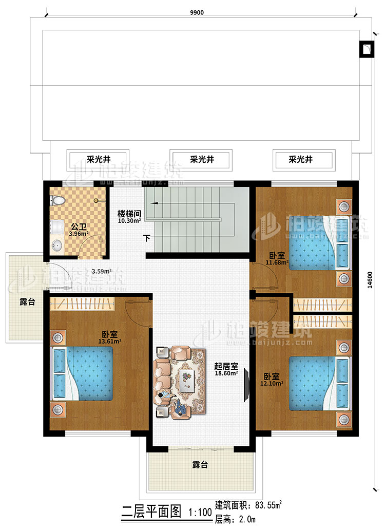 二層：3采光井、樓梯間、起居室、3臥室、2露台