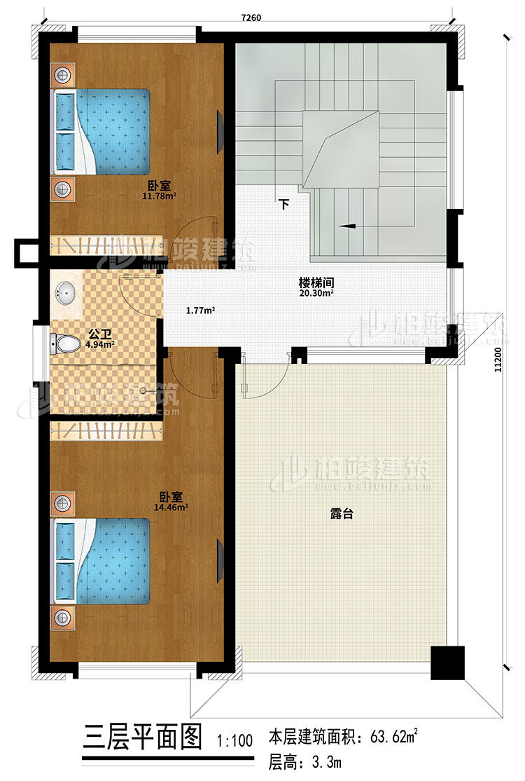 三層：2臥室、樓梯間、公衛、露台
