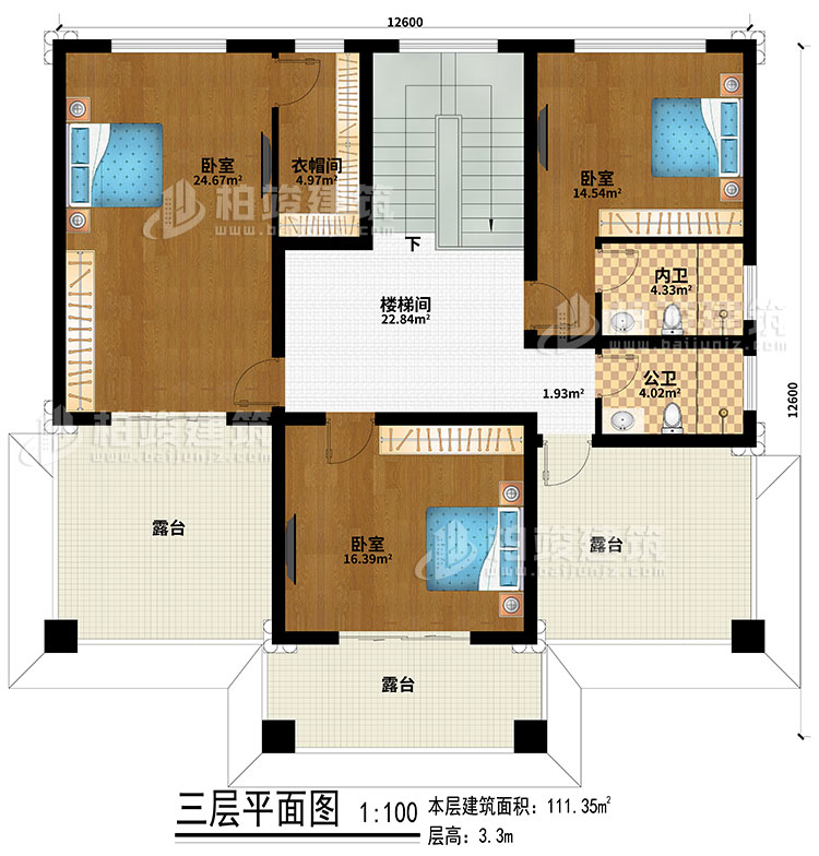 三層：樓梯間、3臥室、公衛、內衛、3露台、衣帽間