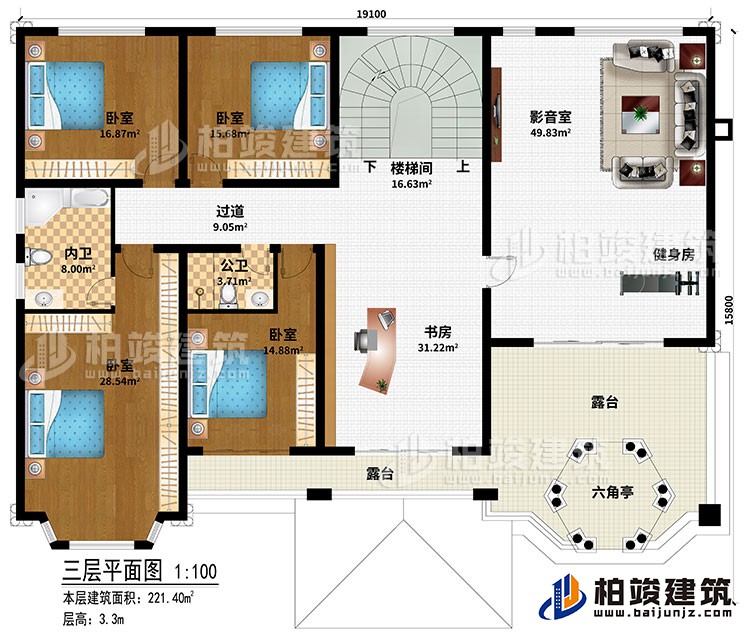 三層：樓梯間、書房、過道、4臥室、公衛、內衛、影音室、健身房、2露台、六角亭